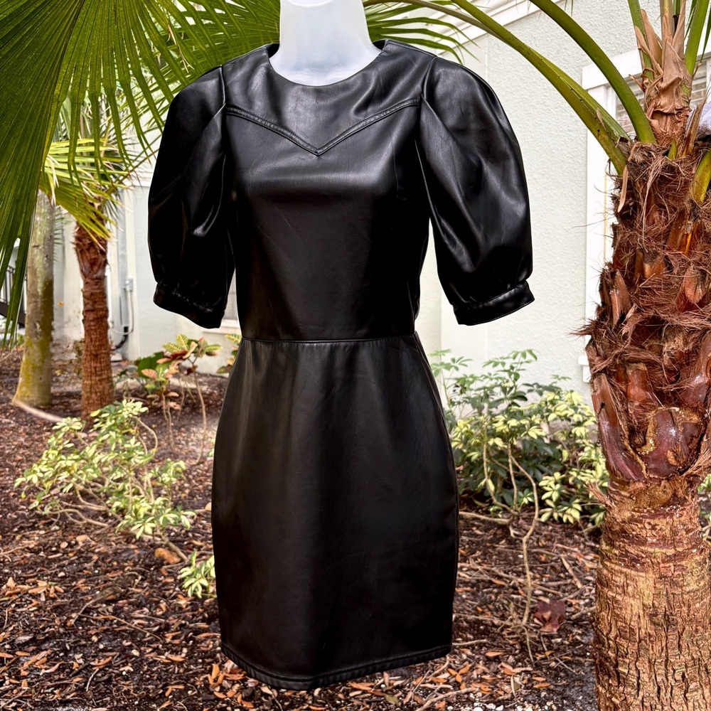 Divided H&M Black Faux Leather Mini Dress Size XXS Puffy Short Sleeve Lined Y2K